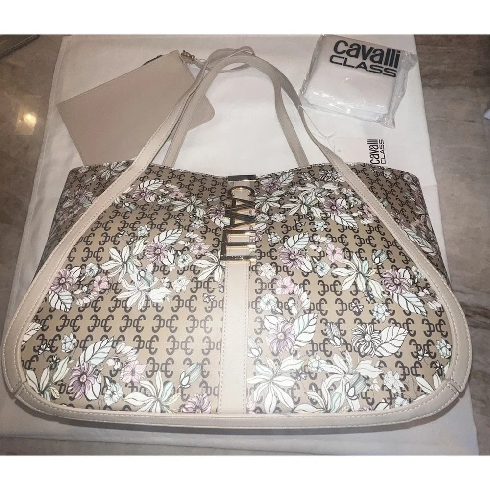 NWT Cavalli Class Large AlleSandra Shopper Tote Bag & Wristlet Floral Gold